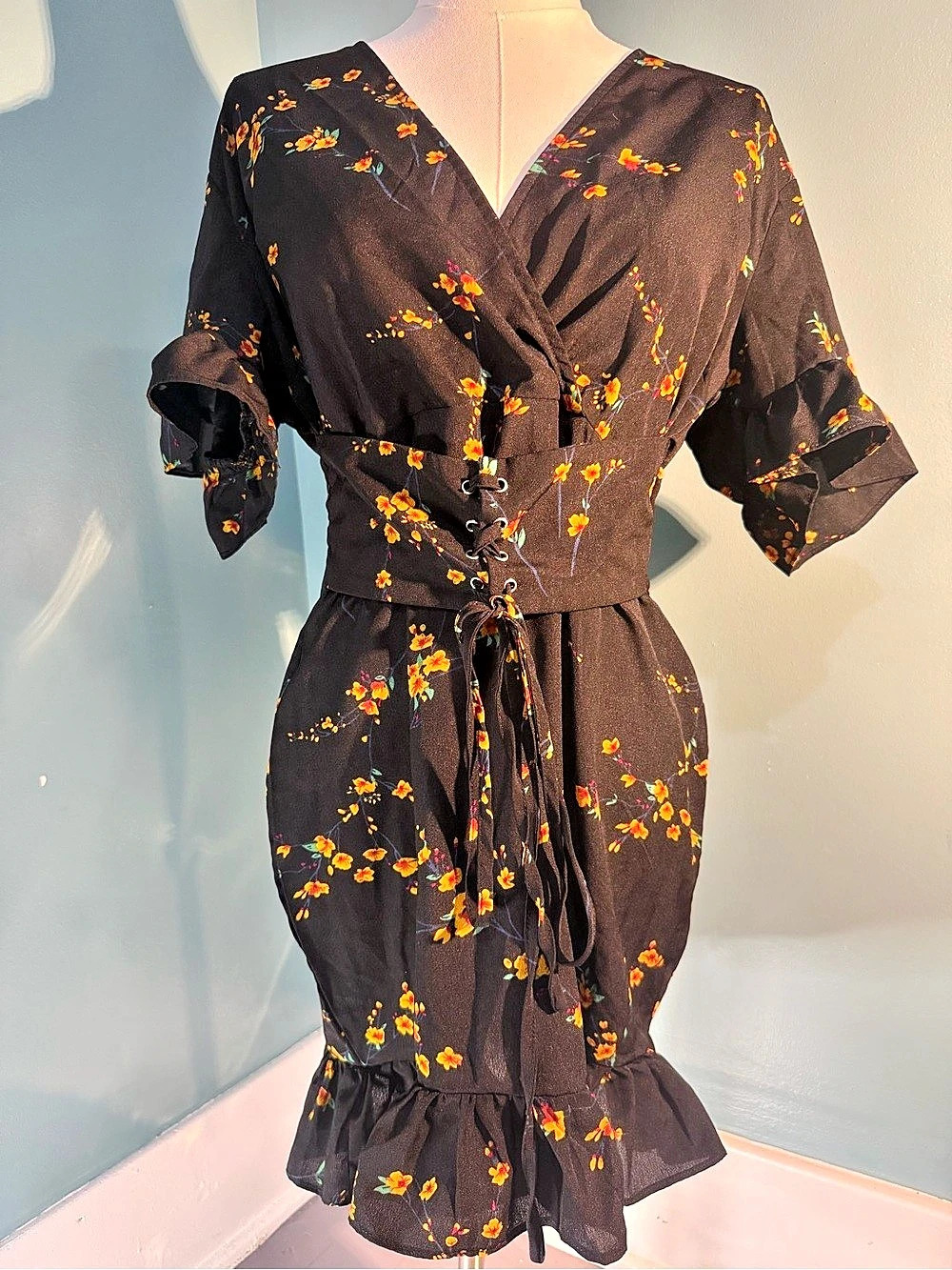 PrettyLittleThing Black Floral Corset Lace Up Wrap Ruffle Midi Dress- US SIZE 10